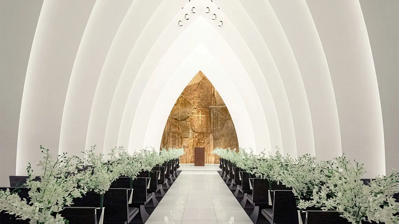著名なデザイナーの建築による、本格スケールの美しいチャペル